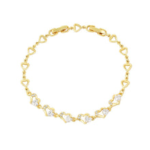 Load image into Gallery viewer, Gold bracelet with heart designs and clear stones on a white background.
