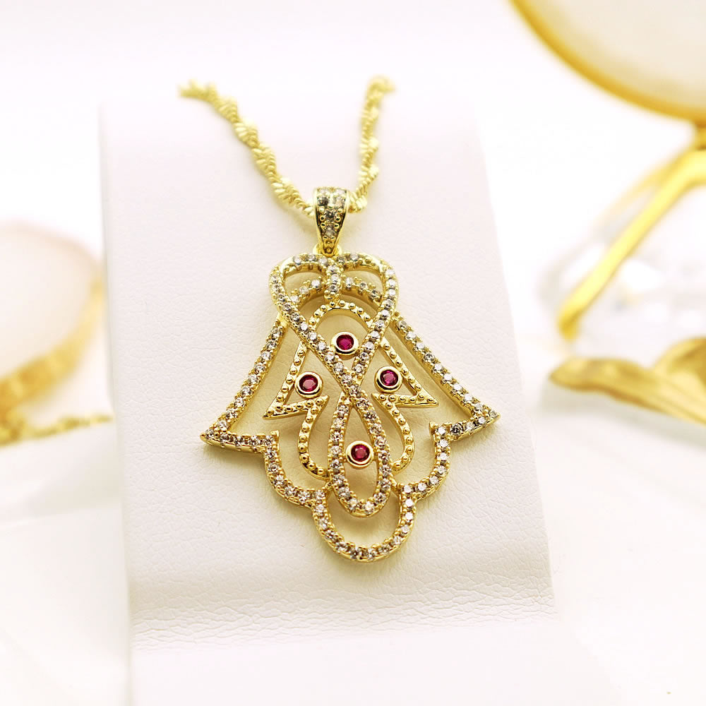 14 K Gold Plated Hamsa Hand pendant with white and pink zirconia
