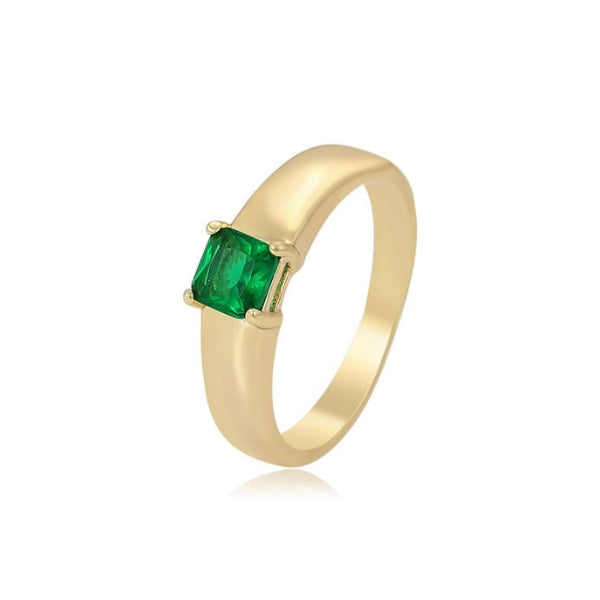Bcughia Women's Gold Plated Cubic Zirconia Ring - Green Rectangular CZ Stone, Simple Elegant Design