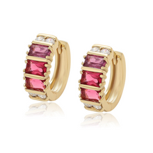 Load image into Gallery viewer, 14 K Gold Plated huggy earrings with pink zirconia