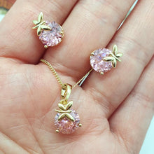 Load image into Gallery viewer, 14 K Gold Plated butterfly pendant and earrings set with pink zirconium - BIJUNET