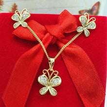 Load image into Gallery viewer, 14 K Gold Plated butterfly pendant and earrings set with white zirconium - BIJUNET