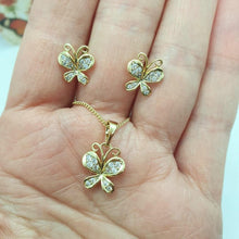 Load image into Gallery viewer, 14 K Gold Plated butterfly pendant and earrings set with white zirconium - BIJUNET