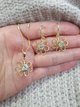 Load image into Gallery viewer, 14 K Gold Plated flowers pendant and earrings set with white zirconium - BIJUNET