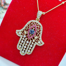 Load image into Gallery viewer, 14 K Gold Plated Hamsa hand pendant with coloured zirconium - BIJUNET