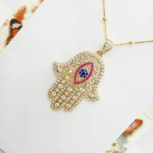 Load image into Gallery viewer, 14 K Gold Plated Hamsa hand pendant with coloured zirconium - BIJUNET