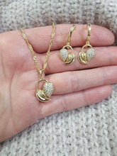 Charger l'image dans la galerie, 14 K Gold Plated leaf pendant and earrings set with white zirconium - BIJUNET