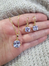 Load image into Gallery viewer, 14 K Gold Plated pendant and earrings set with lavender zirconium - BIJUNET