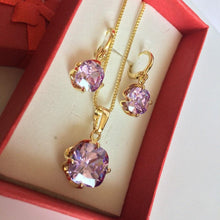 Load image into Gallery viewer, 14 K Gold Plated pendant and earrings set with lavender zirconium - BIJUNET
