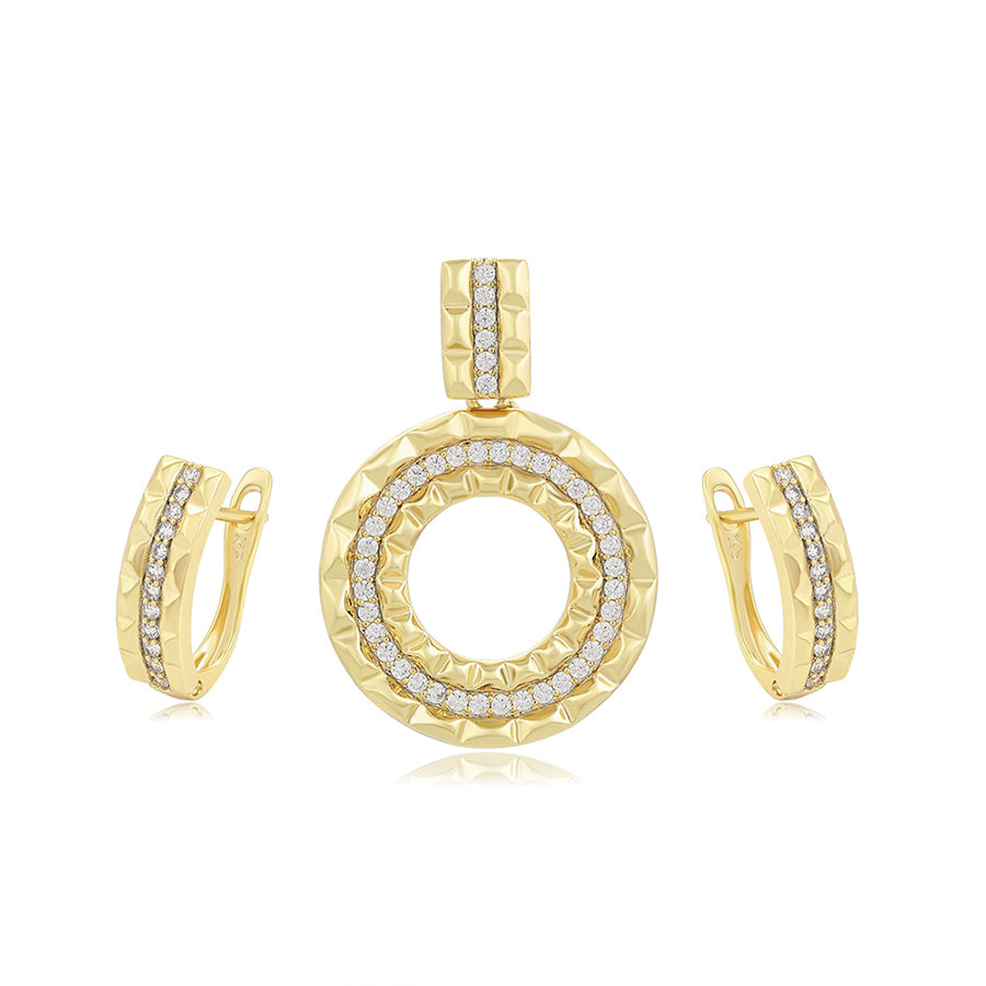 14 K Gold Plated geometric pendant and earrings set with white zirconia