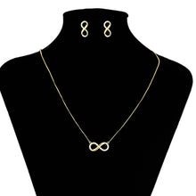 Load image into Gallery viewer, 14 K Gold Plated infinity necklace, bracelet and earrings set with white zirconium