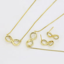 Load image into Gallery viewer, 14 K Gold Plated infinity necklace, bracelet and earrings set with white zirconium