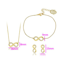 Load image into Gallery viewer, 14 K Gold Plated infinity necklace, bracelet and earrings set with white zirconium