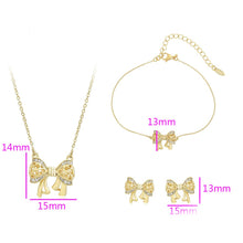Load image into Gallery viewer, 14 K Gold Plated bow necklace, bracelet and earrings set with white zirconium