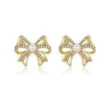Load image into Gallery viewer, 14 K Gold Plated bow earrings with white zirconia