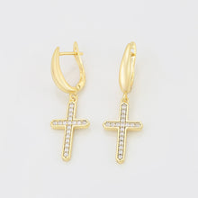 Load image into Gallery viewer, Gold-Plated-cross-earrings-with-white-zirconia