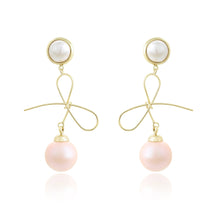 Load image into Gallery viewer, 14 K Gold Plated drop bow earrings with light rose pearl