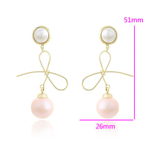 Load image into Gallery viewer, 14 K Gold Plated drop bow earrings with light rose pearl
