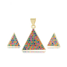Load image into Gallery viewer, 14 K Gold Plated pyramid pendant and earrings set with multicoloured zirconia