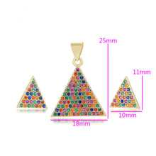 Load image into Gallery viewer, 14 K Gold Plated pyramid pendant and earrings set with multicoloured zirconia