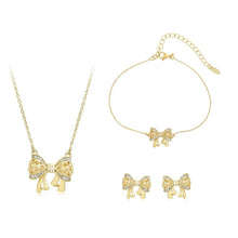 Load image into Gallery viewer, 14 K Gold Plated bow necklace, bracelet and earrings set with white zirconium