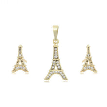 Load image into Gallery viewer, 14 K Gold Plated Eiffel Tower pendant and earrings set with white zirconia