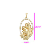 Load image into Gallery viewer, Gold pendant with a design of a woman holding a child, surrounded by small diamonds, with measurements indicated.
