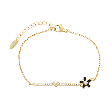 Gold Plated black enamel flower and heart bracelet with white zirconia