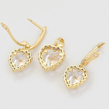 Cargar imagen en el visor de la galería, 14 K Gold Plated hearts pendant and earrings set with white zirconia
