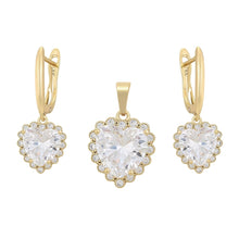 Cargar imagen en el visor de la galería, 14 K Gold Plated hearts pendant and earrings set with white zirconia
