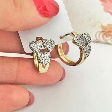14 K Gold and Rhodium Plated hearts earrings with white zirconium - BIJUNET
