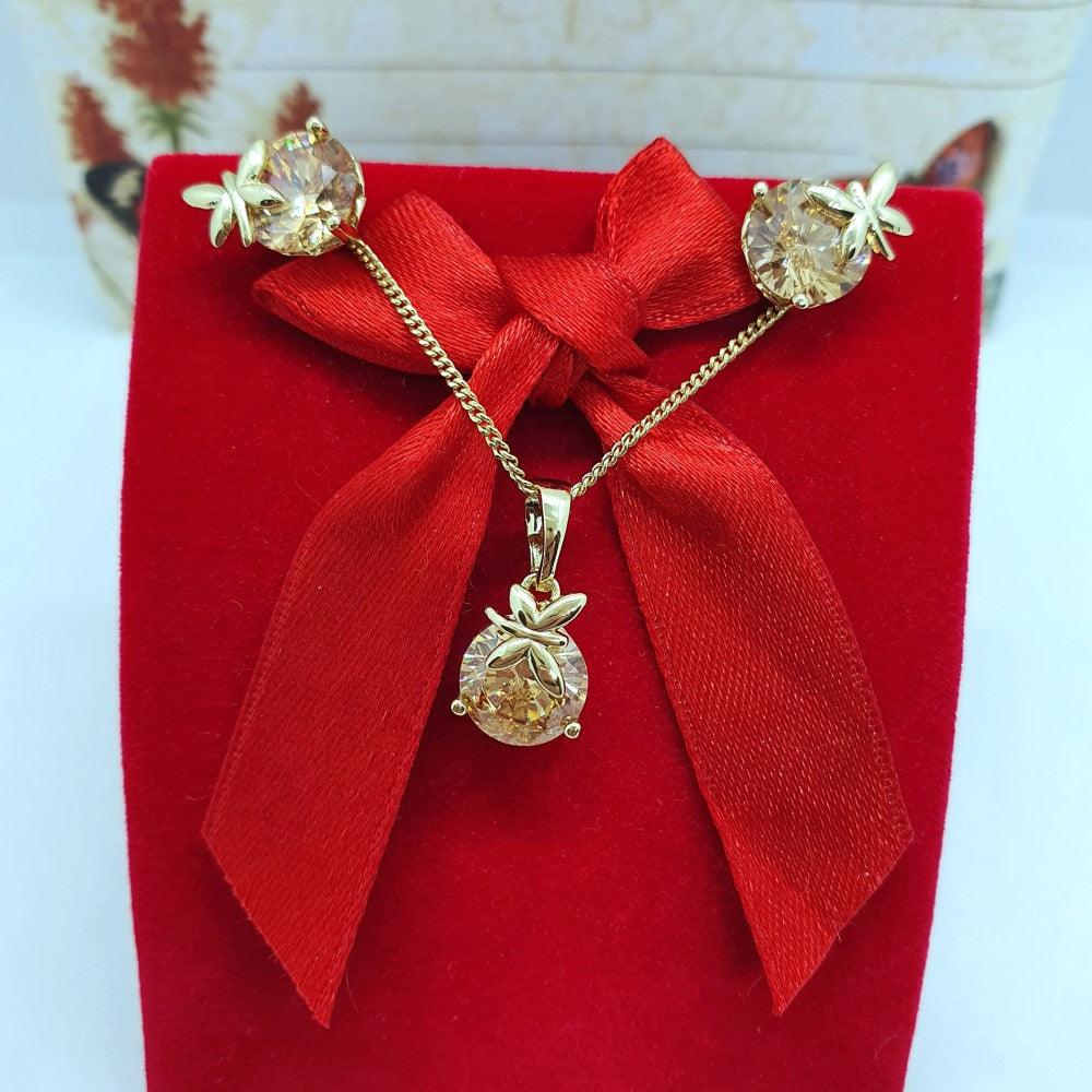 14 K Gold Plated butterfly pendant and earrings set with orange zirconium - BIJUNET