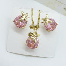 Load image into Gallery viewer, 14 K Gold Plated butterfly pendant and earrings set with pink zirconium - BIJUNET

