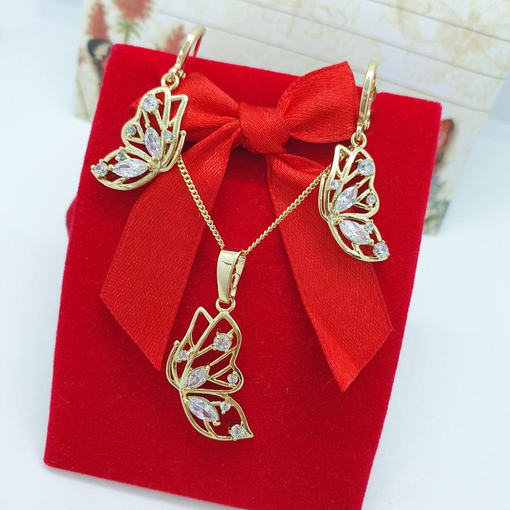 14 K Gold Plated butterfly pendant and earrings set with white zirconium - BIJUNET