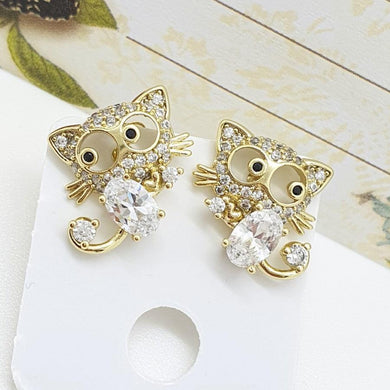 14 K Gold Plated cat earrings with white zirconium - BIJUNET