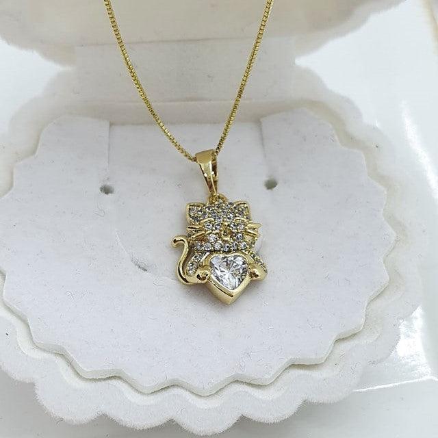 14 K Gold Plated cat pendant with white zirconium - BIJUNET