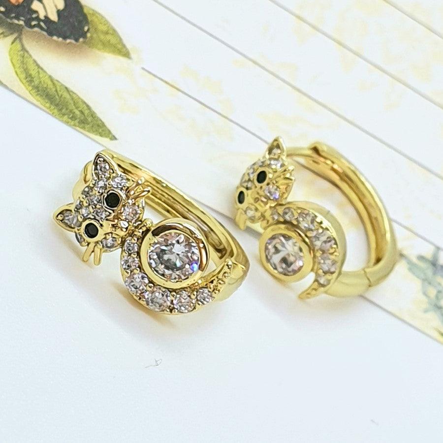 14 K Gold Plated Cats earrings with white zirconium - BIJUNET