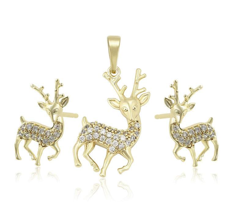 14 K Gold Plated Christmas Reindeer pendant and earrings set with white zirconium - BIJUNET