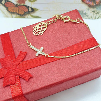 14 K Gold Plated cross bracelet with white zirconium - BIJUNET