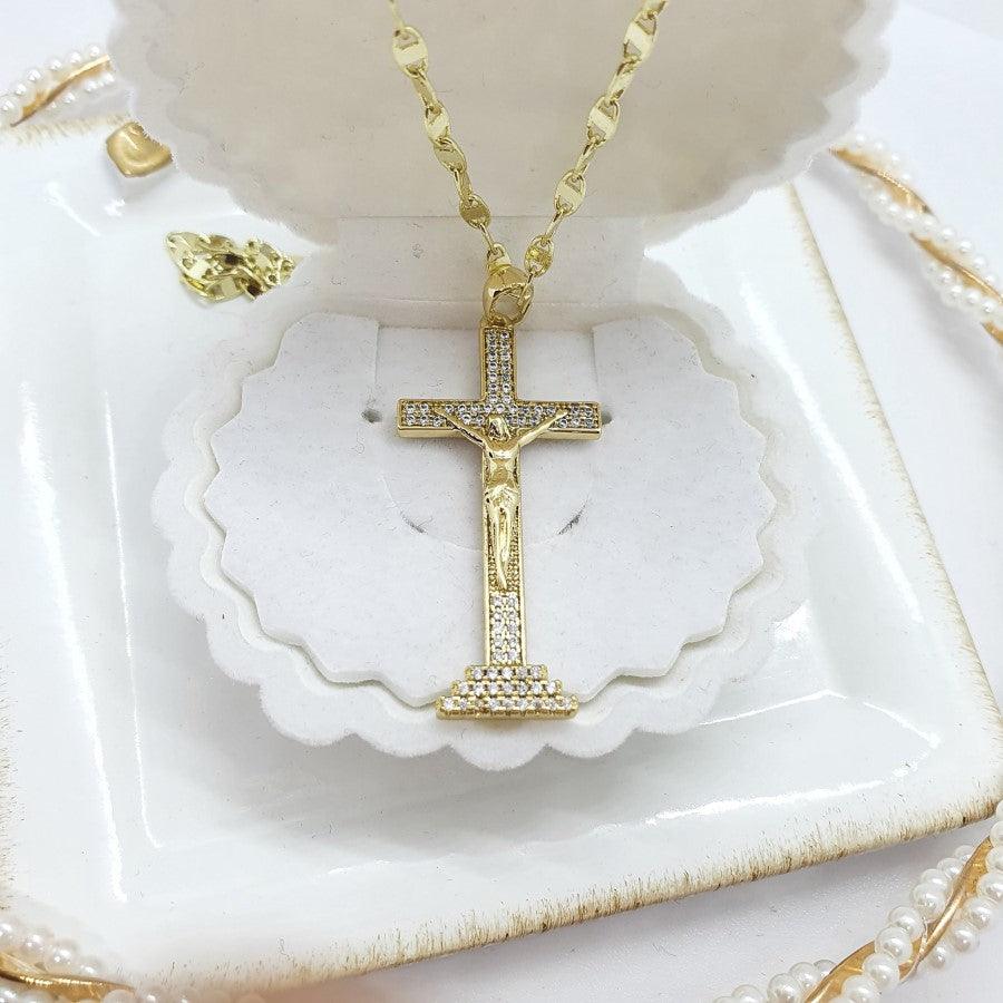 14 K Gold Plated Cross pendant with white zirconium - BIJUNET