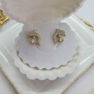14 K Gold Plated dolphin earrings with white zirconium - BIJUNET