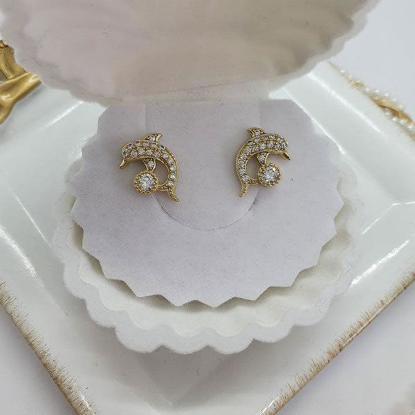 14 K Gold Plated dolphin earrings with white zirconium - BIJUNET