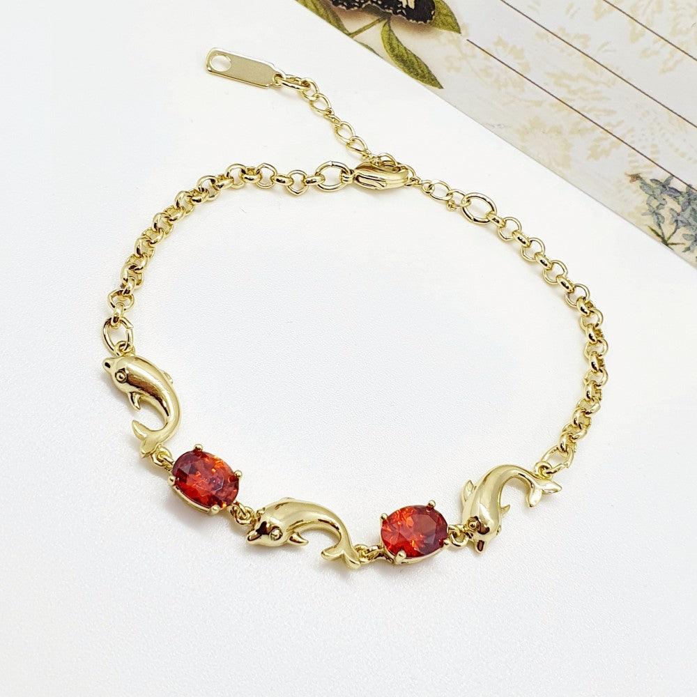 14 K Gold Plated dolphins bracelet with red zirconium - BIJUNET