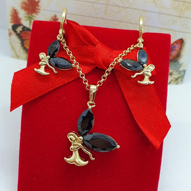 14 K Gold Plated Fairy pendant and earrings set with black zirconium - BIJUNET