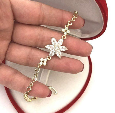14 K Gold Plated flower bracelet with white zirconium - BIJUNET