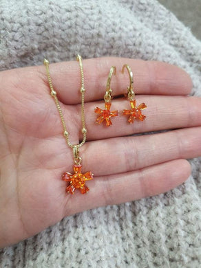 14 K Gold Plated flower pendant and earrings set with orange zirconium - BIJUNET