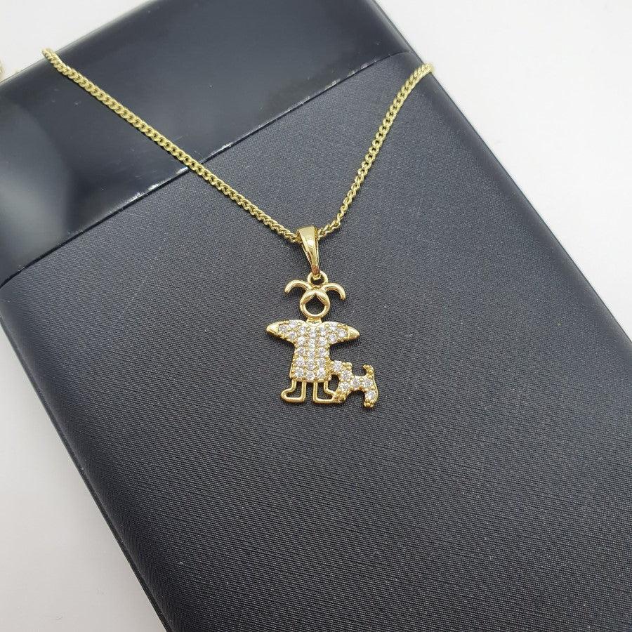 14 K Gold Plated girl with a dog pendant with white zirconium - BIJUNET