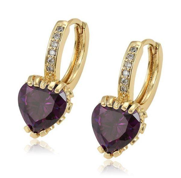 14 K Gold Plated heart earrings with purple zirconium - BIJUNET