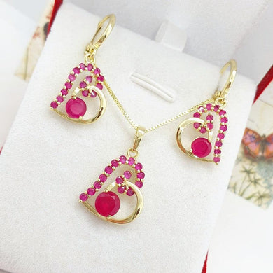 14 K Gold Plated hearts pendant and earrings set with red zirconium - BIJUNET