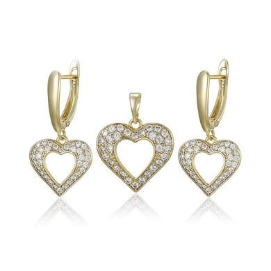 14 K Gold Plated hearts pendant and earrings set with white zirconium - BIJUNET